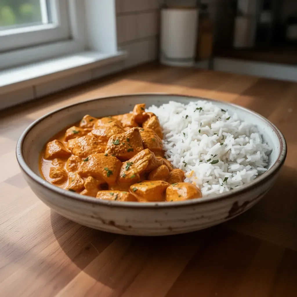 Delicious creamy butter chicken dish served with rice and naan