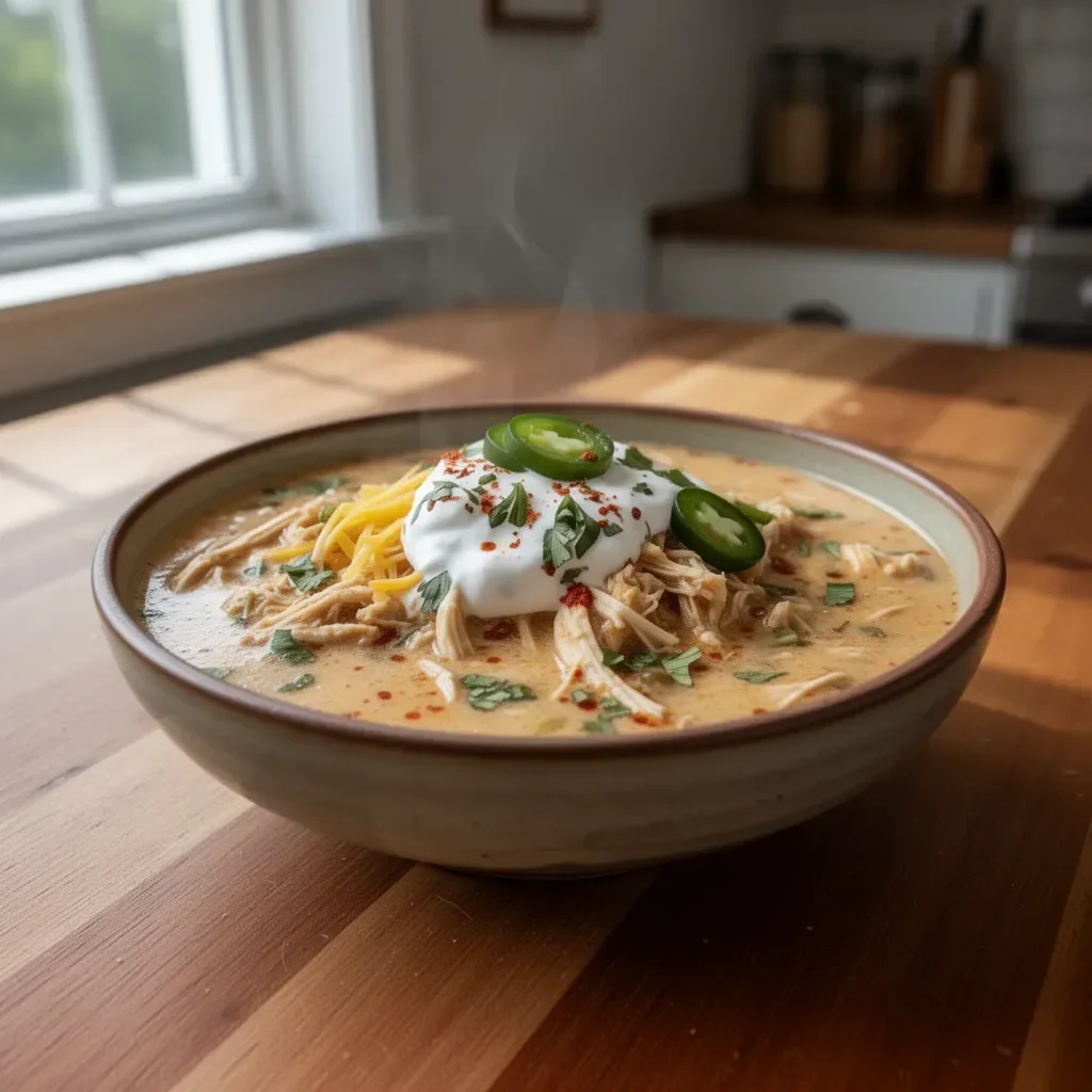 Creamy chicken enchilada soup garnished with cilantro and lime in a bowl.