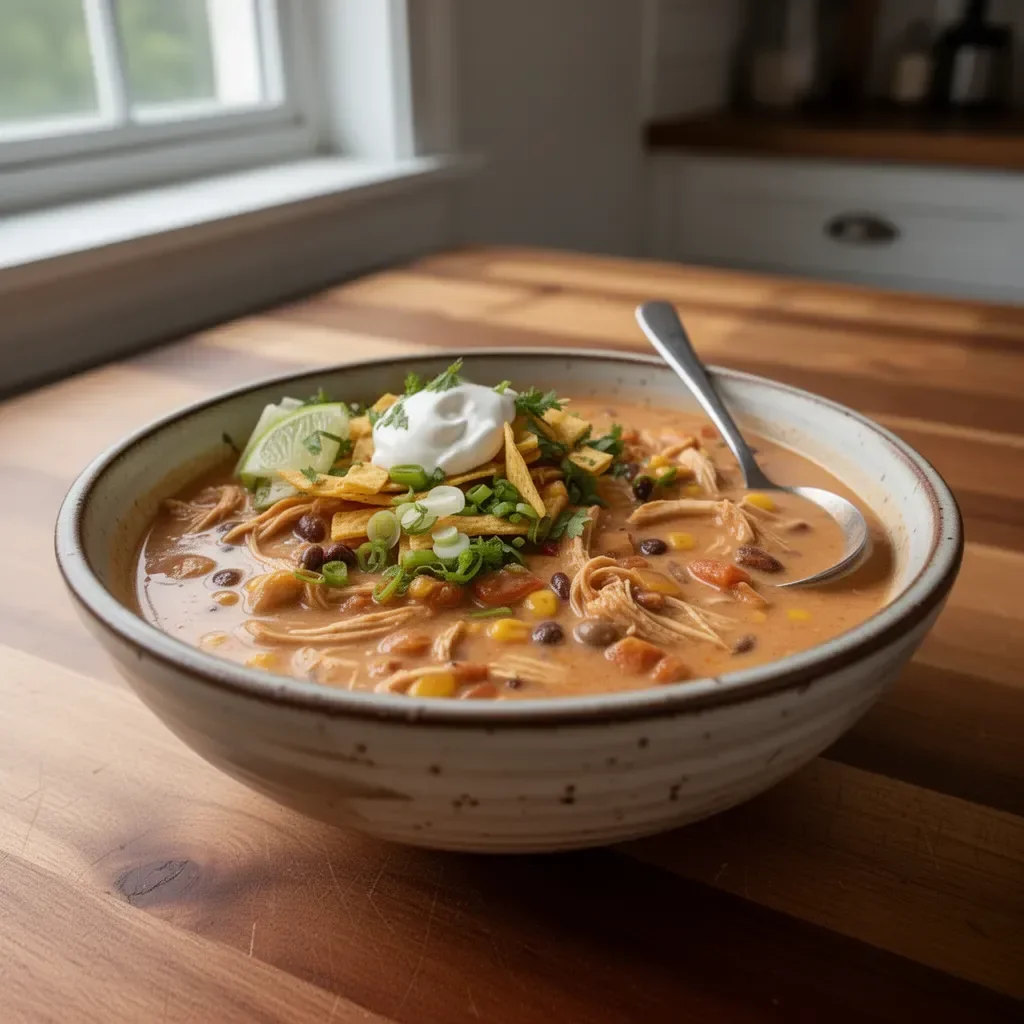 Creamy chicken enchilada soup in a bowl garnished with cilantro and tortilla strips