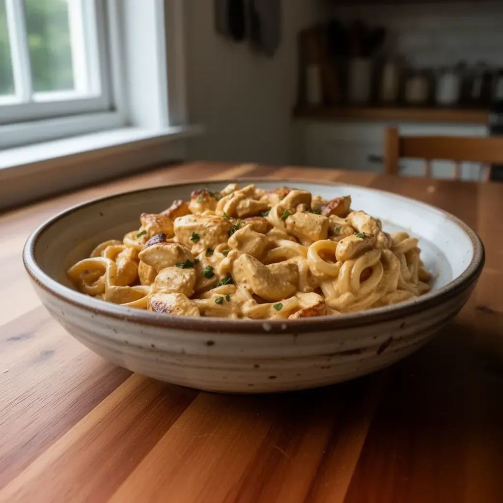 Delicious creamy cowboy butter chicken pasta served in a bowl