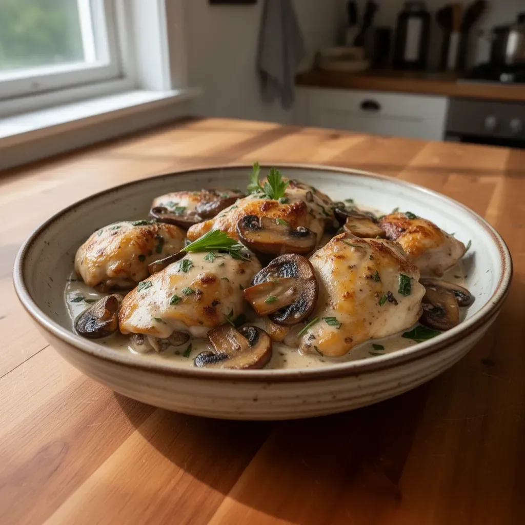 Creamy garlic mushroom chicken thighs served in a skillet