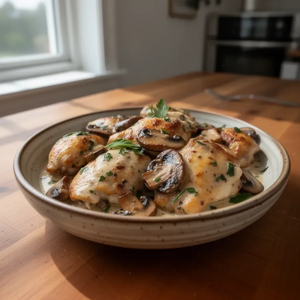 Creamy Garlic Mushroom Chicken Thighs served with herbs on a plate