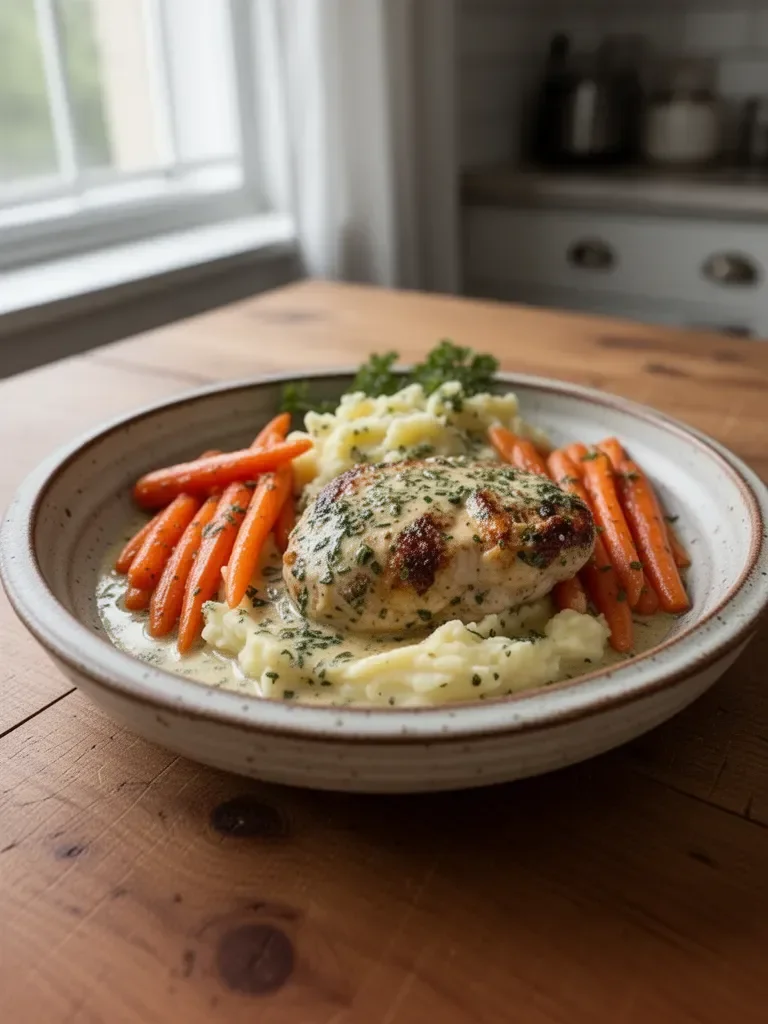 Creamy herb chicken served with mashed potatoes and honey glazed carrots