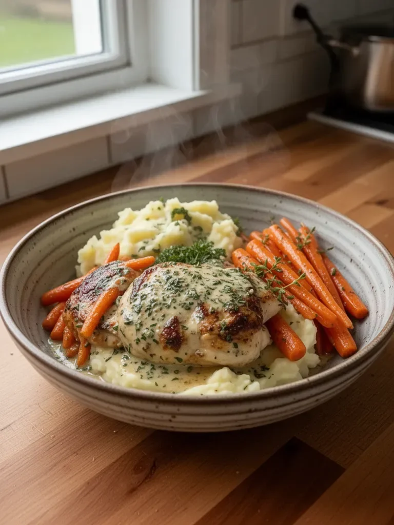 Creamy Herb Chicken with Mashed Potatoes and Honey Glazed Carrots