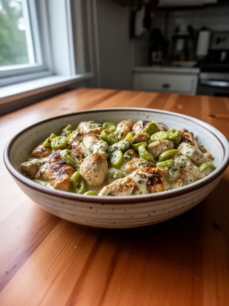 Creamy Pepperoncini Chicken Skillet served in a pan with vibrant garnish