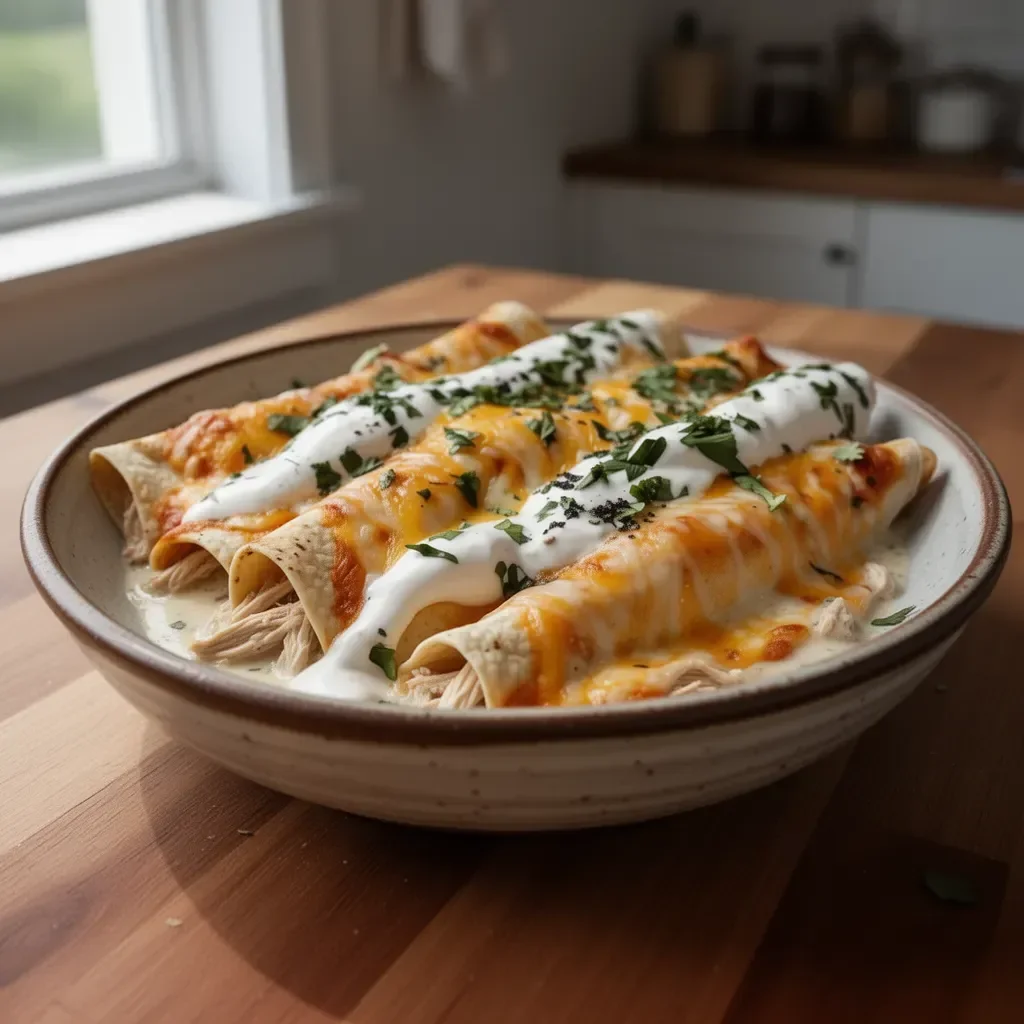 Creamy ranch chicken enchiladas topped with cheese and herbs