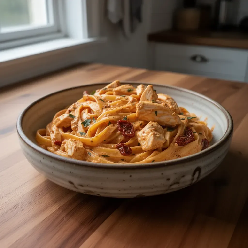 Creamy sun-dried tomato and chicken fettuccine dish served in a bowl.