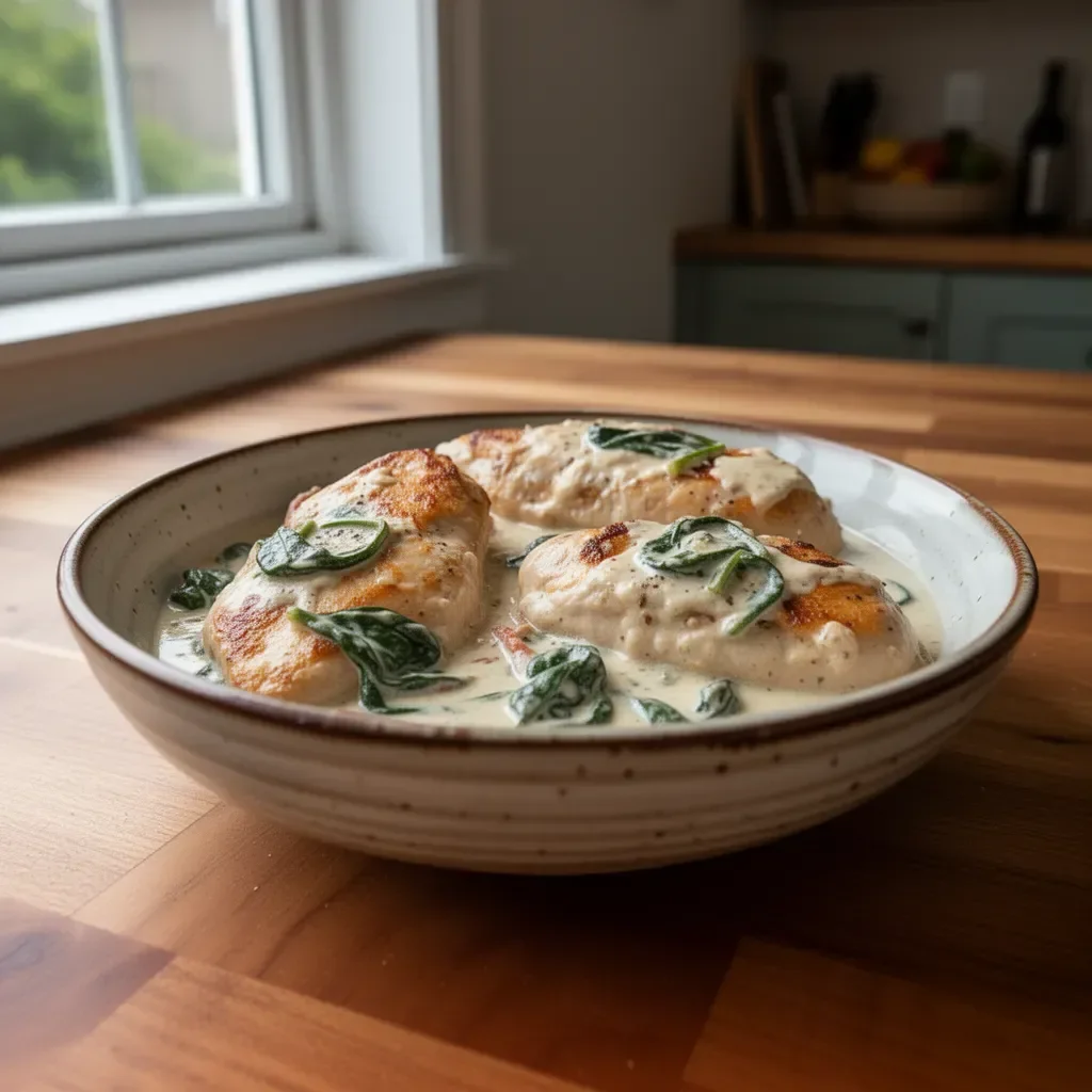 Creamy Tuscan chicken dish with vibrant vegetables and herbs.