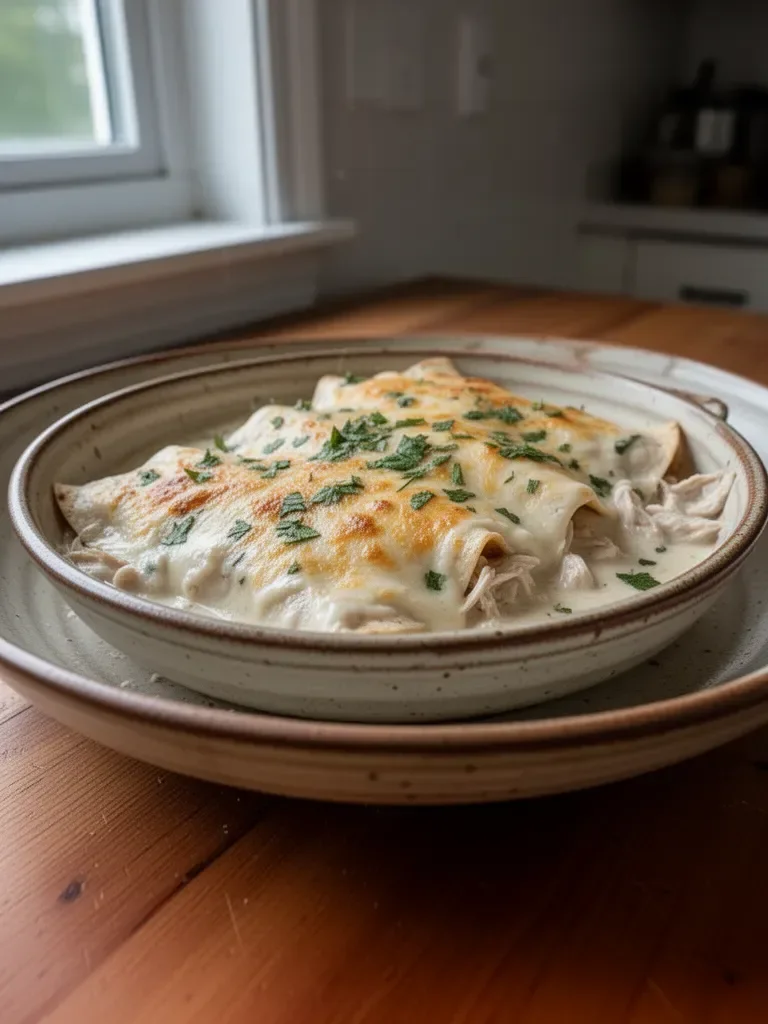 Delicious creamy white chicken enchiladas garnished with fresh herbs