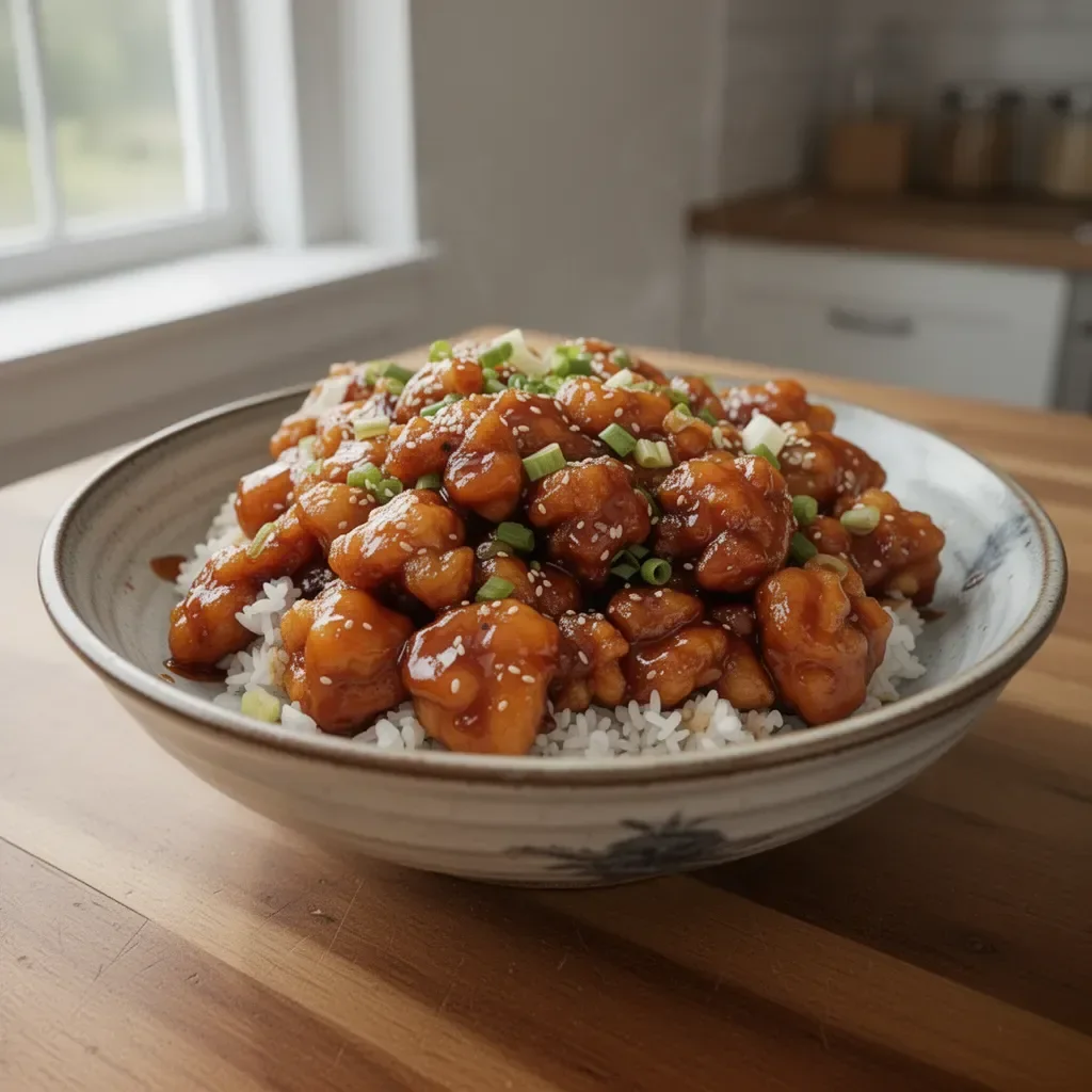Plate of crispy honey garlic chicken garnished with sesame seeds and green onions.