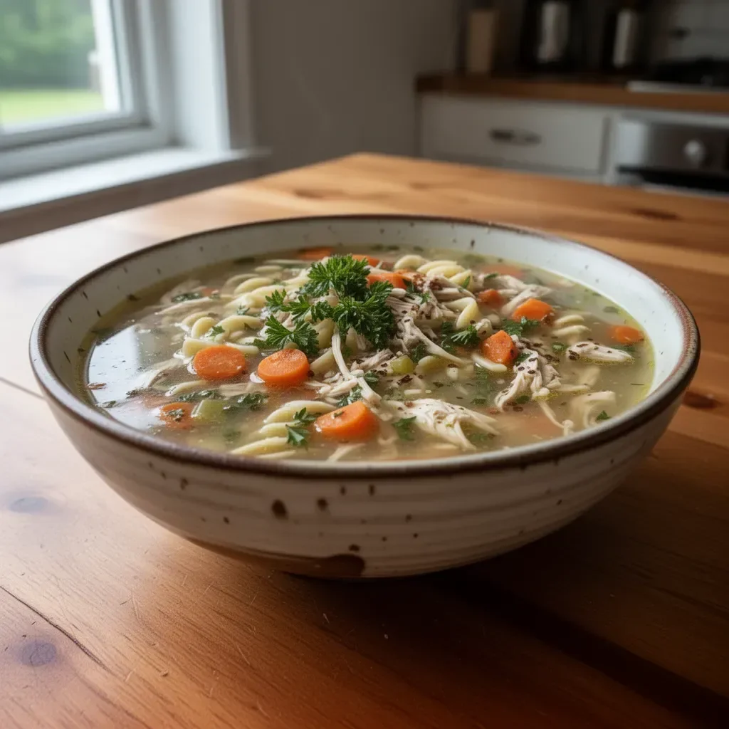 Crock Pot Chicken Noodle Soup in a bowl garnished with herbs
