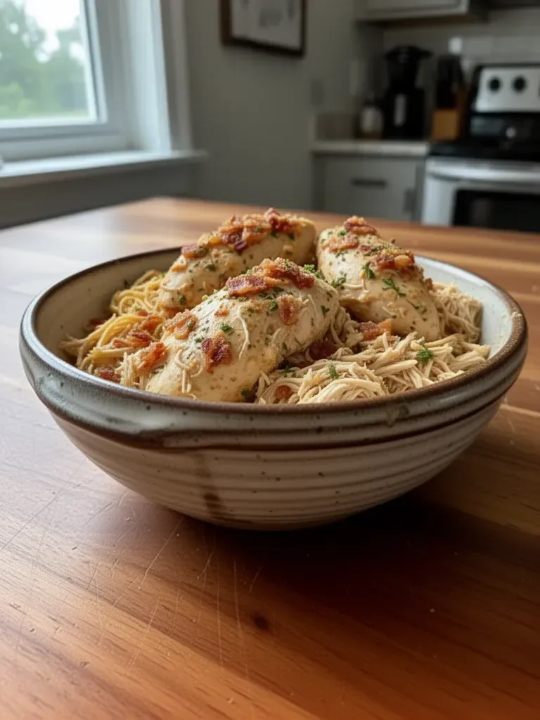 Delicious Crock Pot Crack Chicken served in a bowl with toppings.