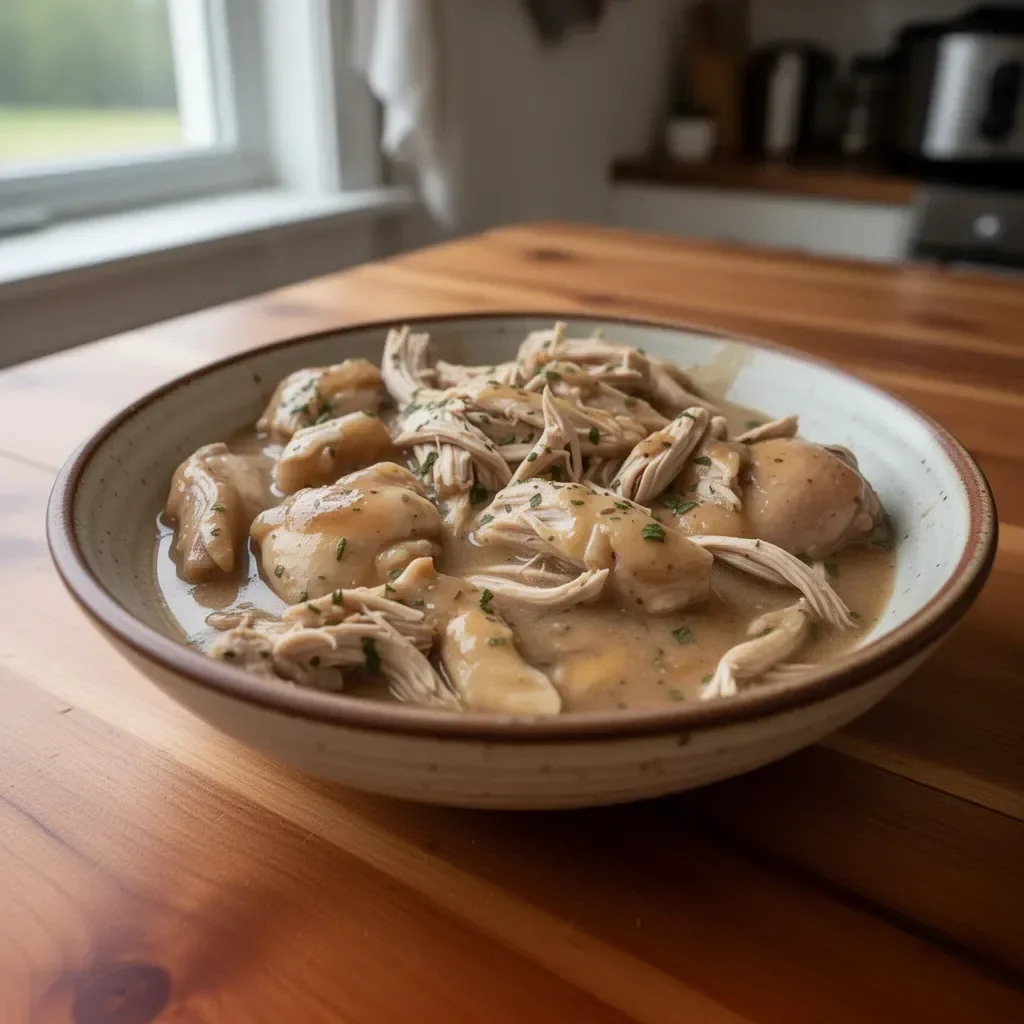 Crockpot chicken thighs served with creamy gravy
