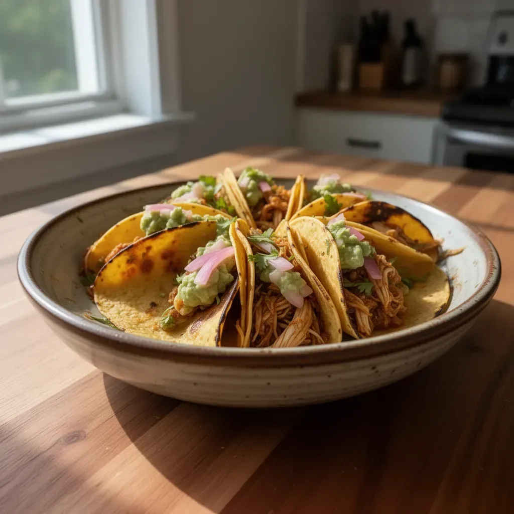 Crockpot Crispy Chicken Tinga Tacos served with fresh toppings