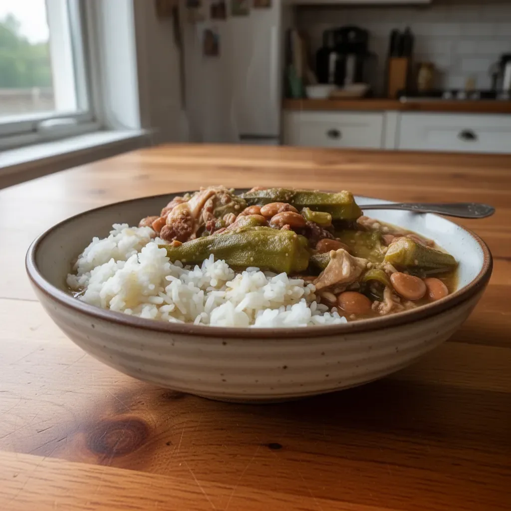 Crockpot speckled butter beans and okra stew in a rustic bowl