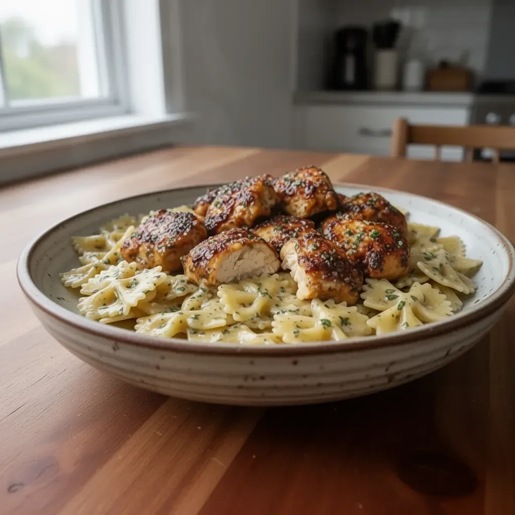 Delicious garlic butter chicken with bowtie pasta in a creamy sauce
