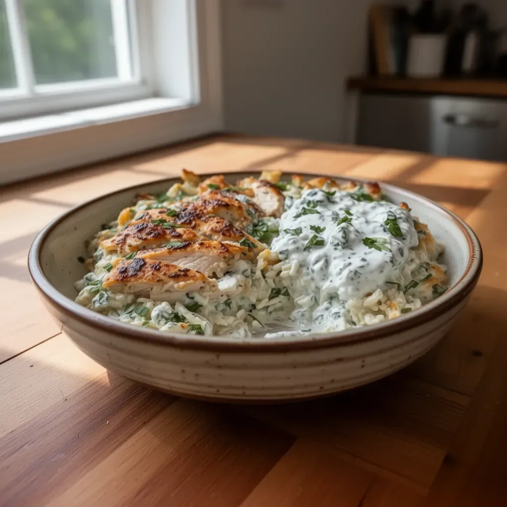 Delicious Dump-and-Bake Chicken Tzatziki Casserole with fresh ingredients
