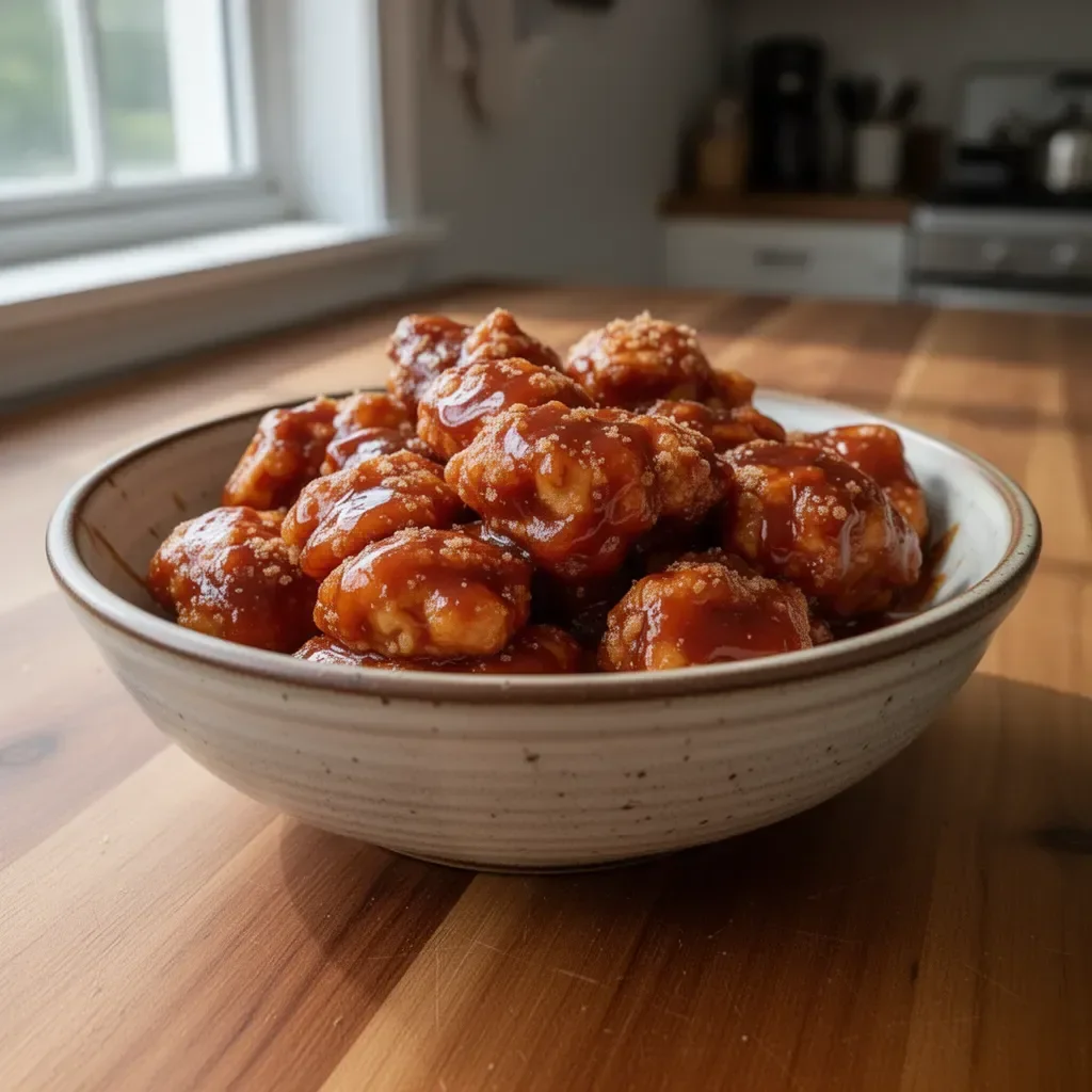 Baked honey BBQ chicken bites garnished and ready to serve