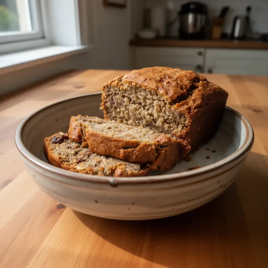 Loaf of easy banana bread with sliced pieces on a cutting board