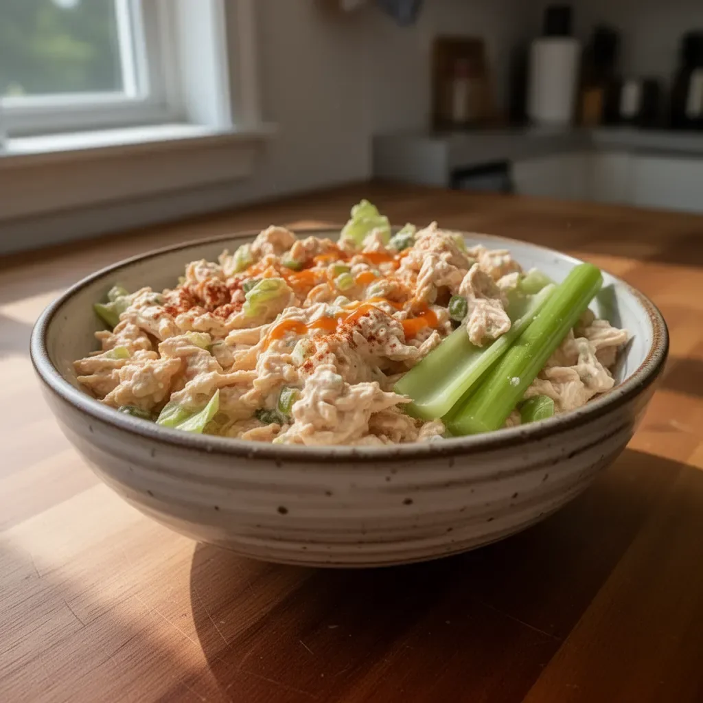 Bowl of easy Buffalo Chicken Salad with fresh vegetables and spicy chicken