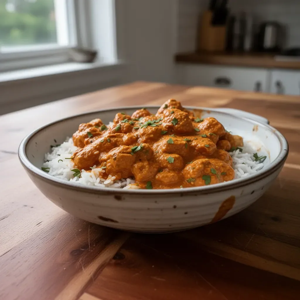 Delicious easy butter chicken served with rice and naan bread