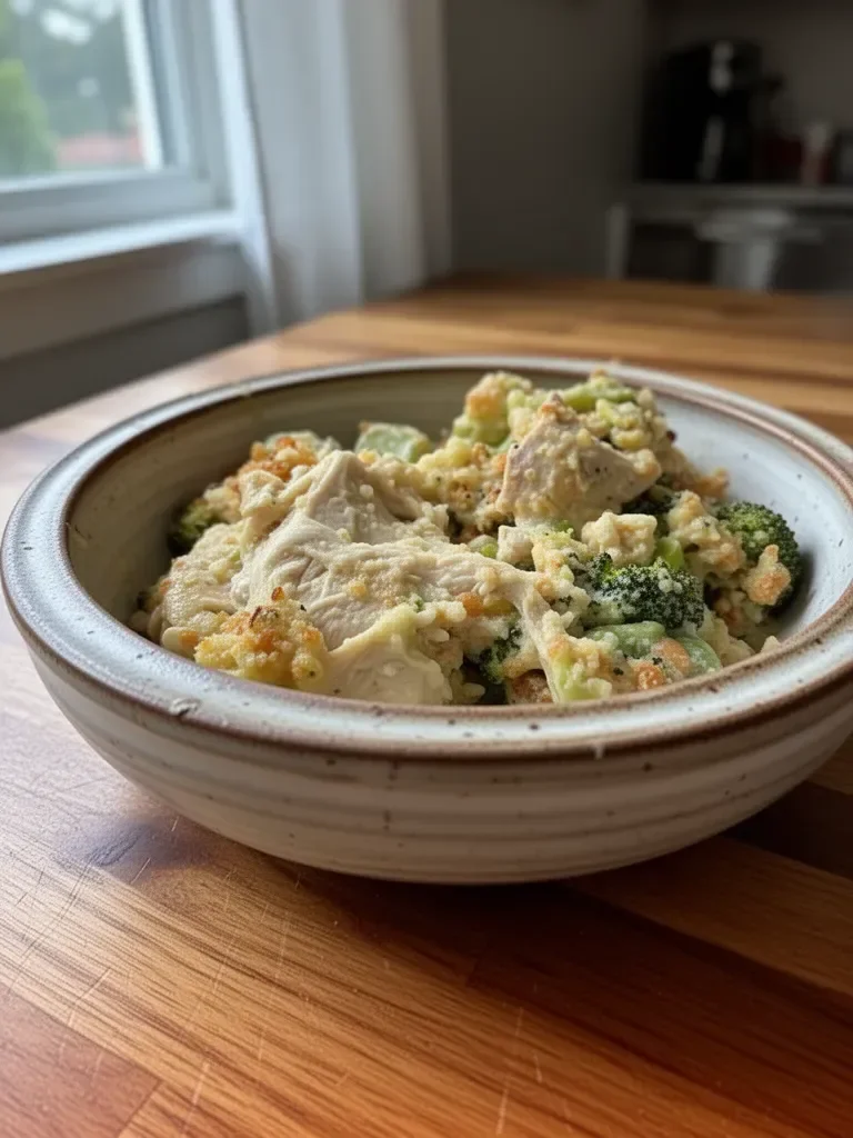 Delicious easy Chicken Broccoli Casserole served on a plate with a side salad
