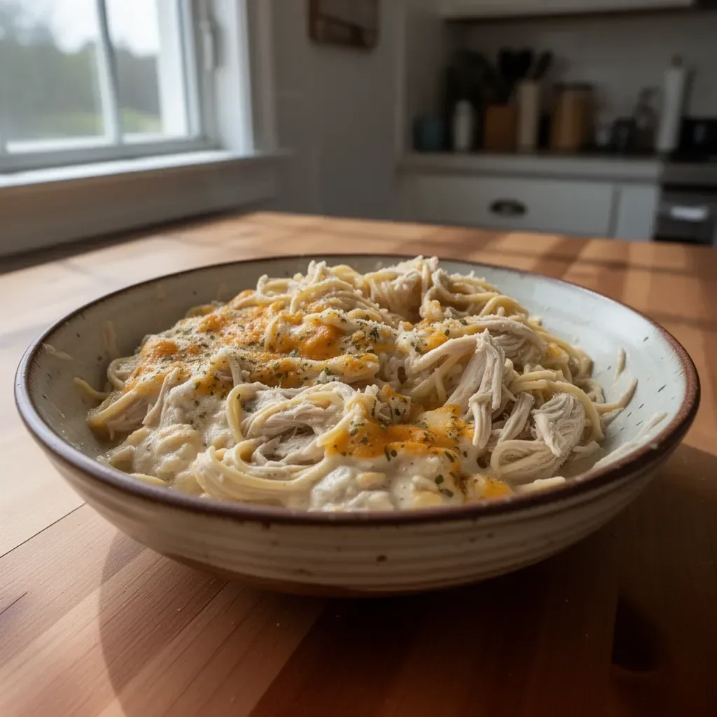 Easy chicken tetrazzini served in a bowl with a creamy sauce and pasta