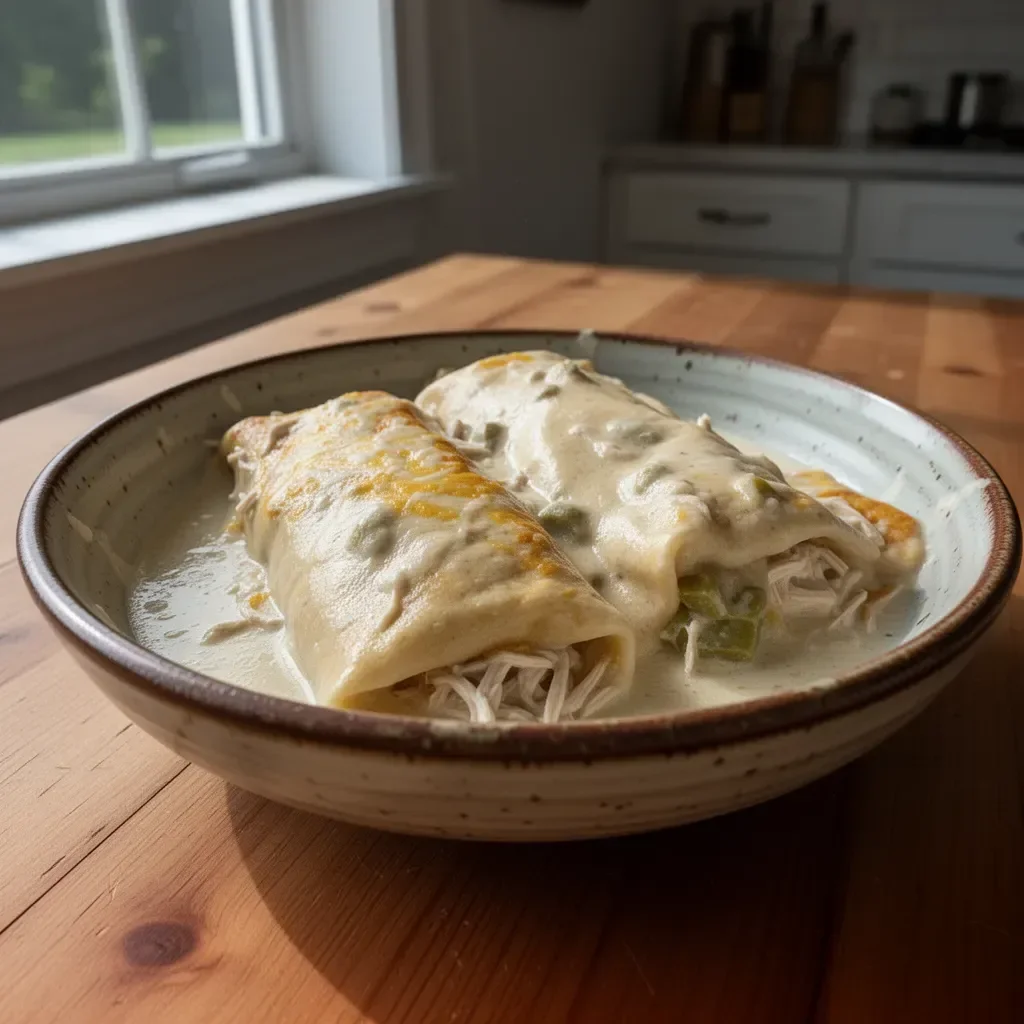 Plate of easy creamy white chicken enchiladas topped with cheese and cilantro