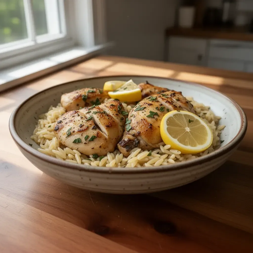 Delicious Greek Lemon Garlic Chicken served with orzo pasta