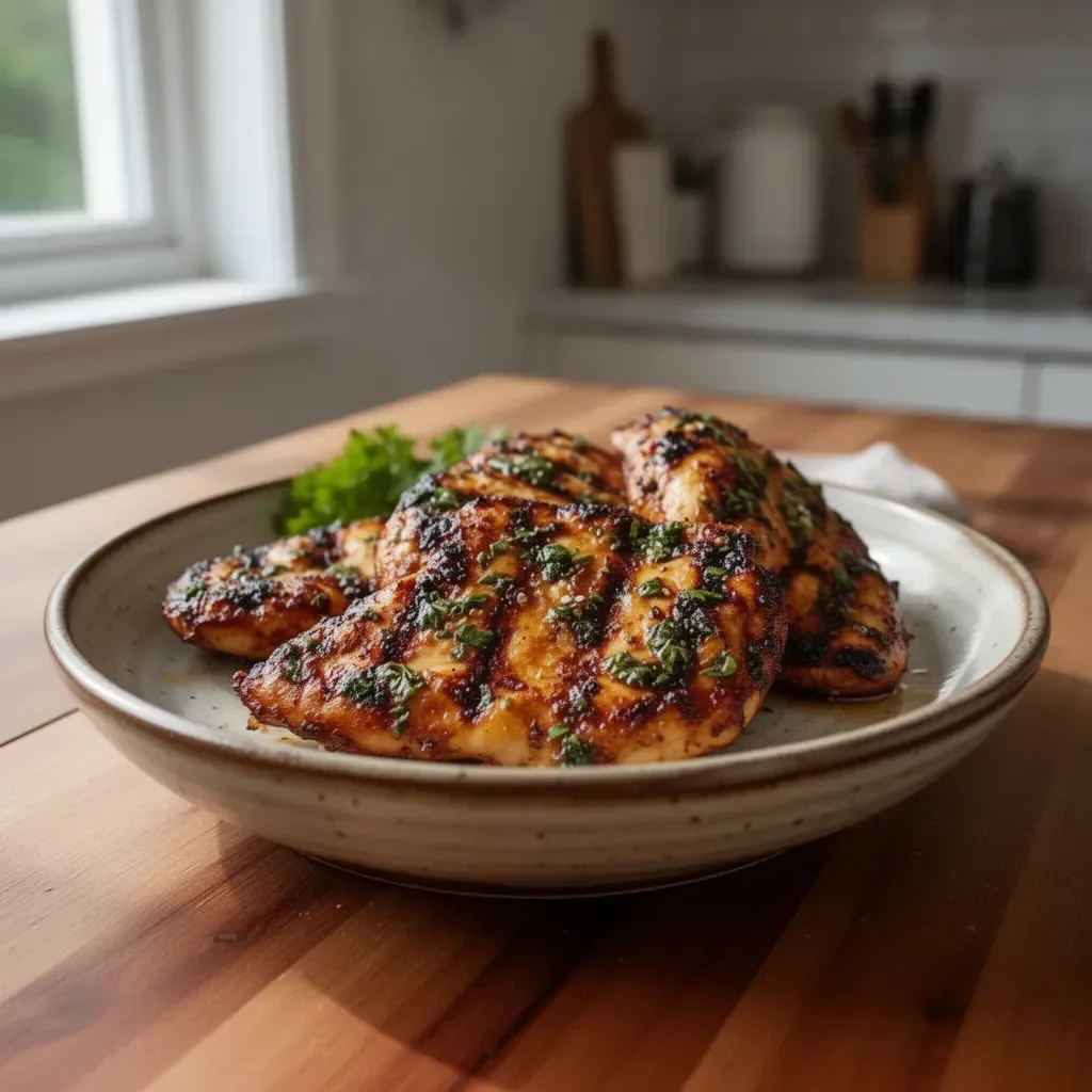 Deliciously grilled chicken served on a platter with herbs and spices