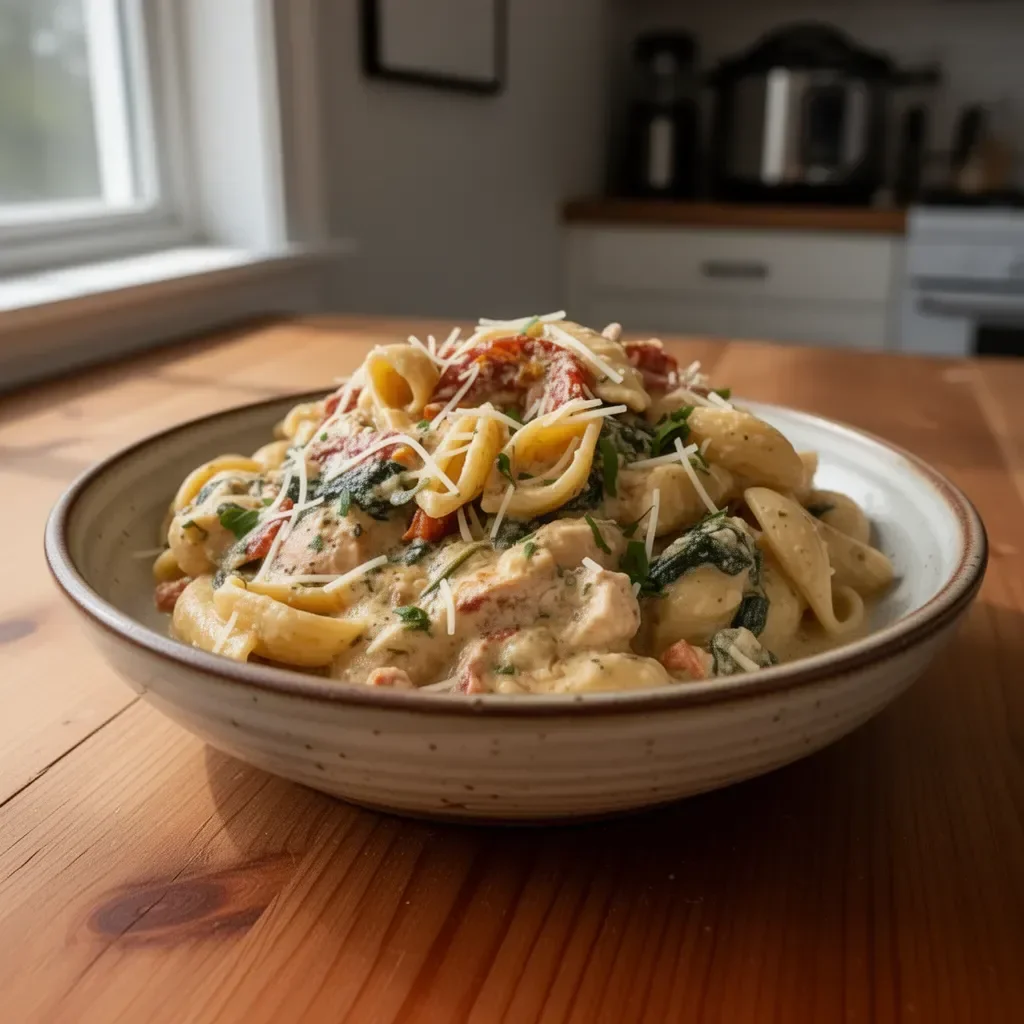 Delicious Easy Instant Pot Tuscan Chicken Pasta ready to serve