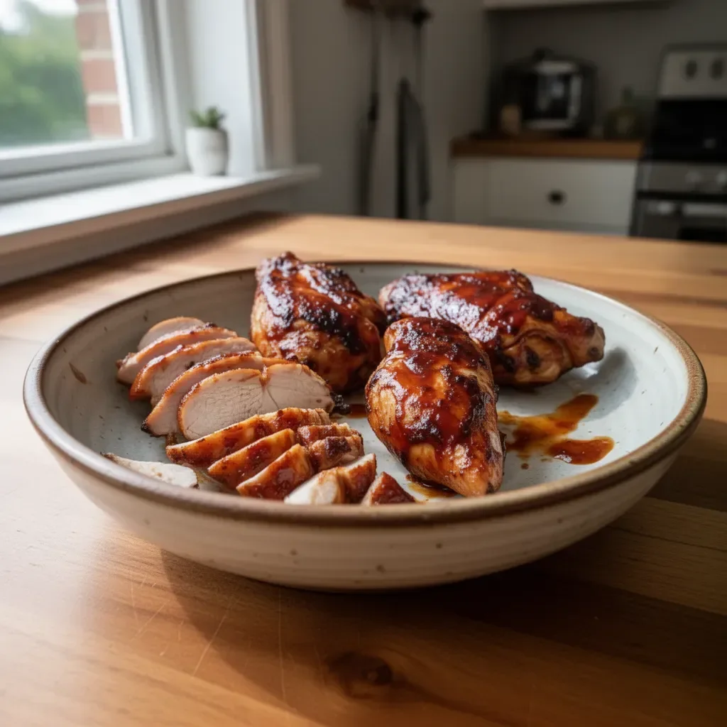 Delicious easy juicy BBQ chicken on a grill with sauce dripping off