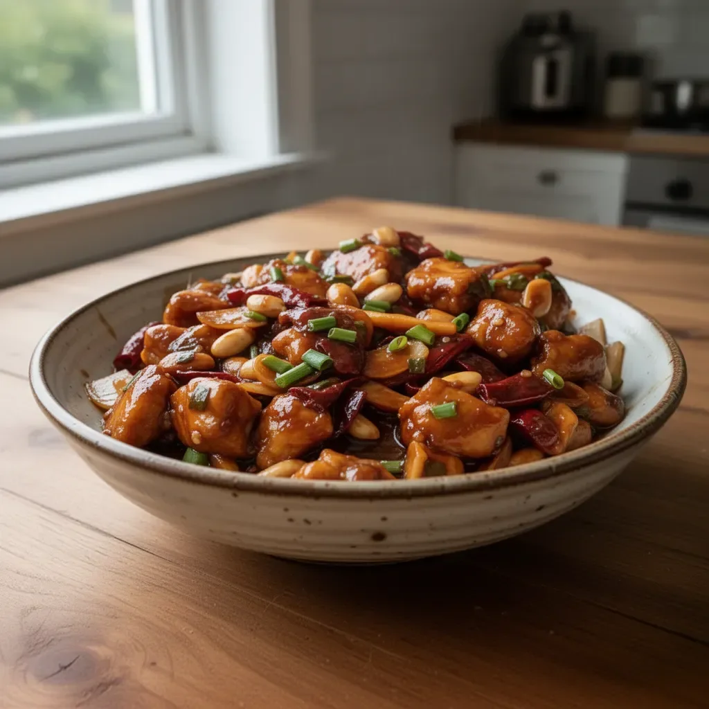 Delicious Singapore Zi Char Style Kung Pao Chicken stir-fry with vibrant peppers and spices.