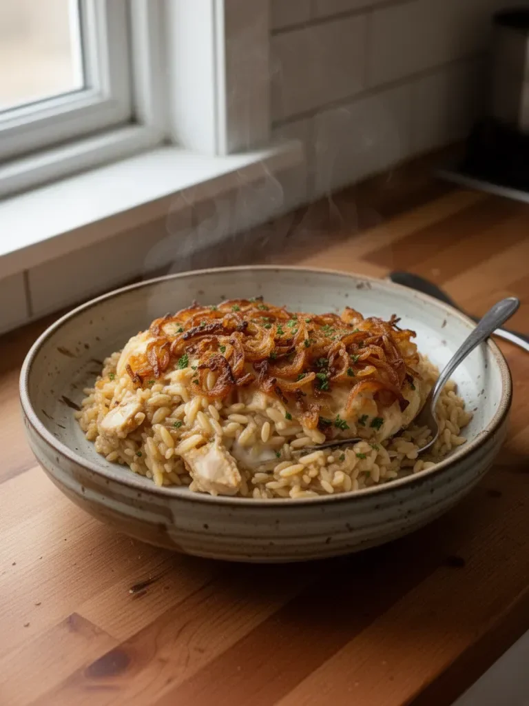 French Onion Chicken Orzo Casserole