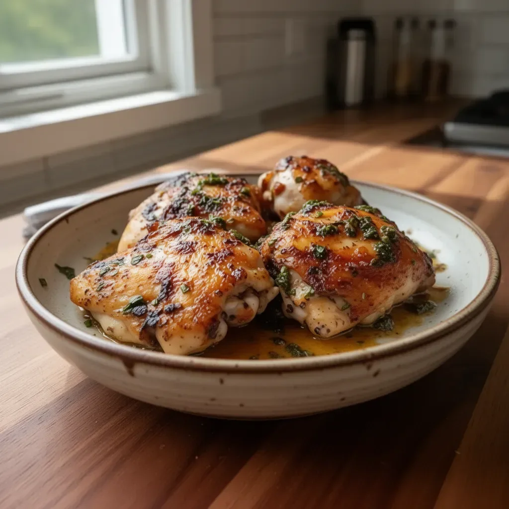 Delicious Garlic Butter Chicken Thighs served in a skillet
