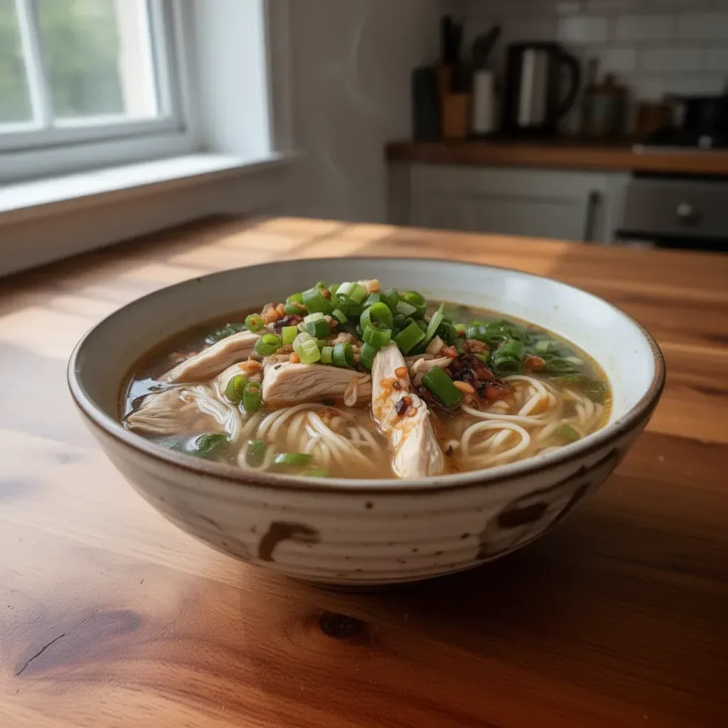 Bowl of Ginger Garlic Chicken Noodle Soup with fresh ingredients and herbs