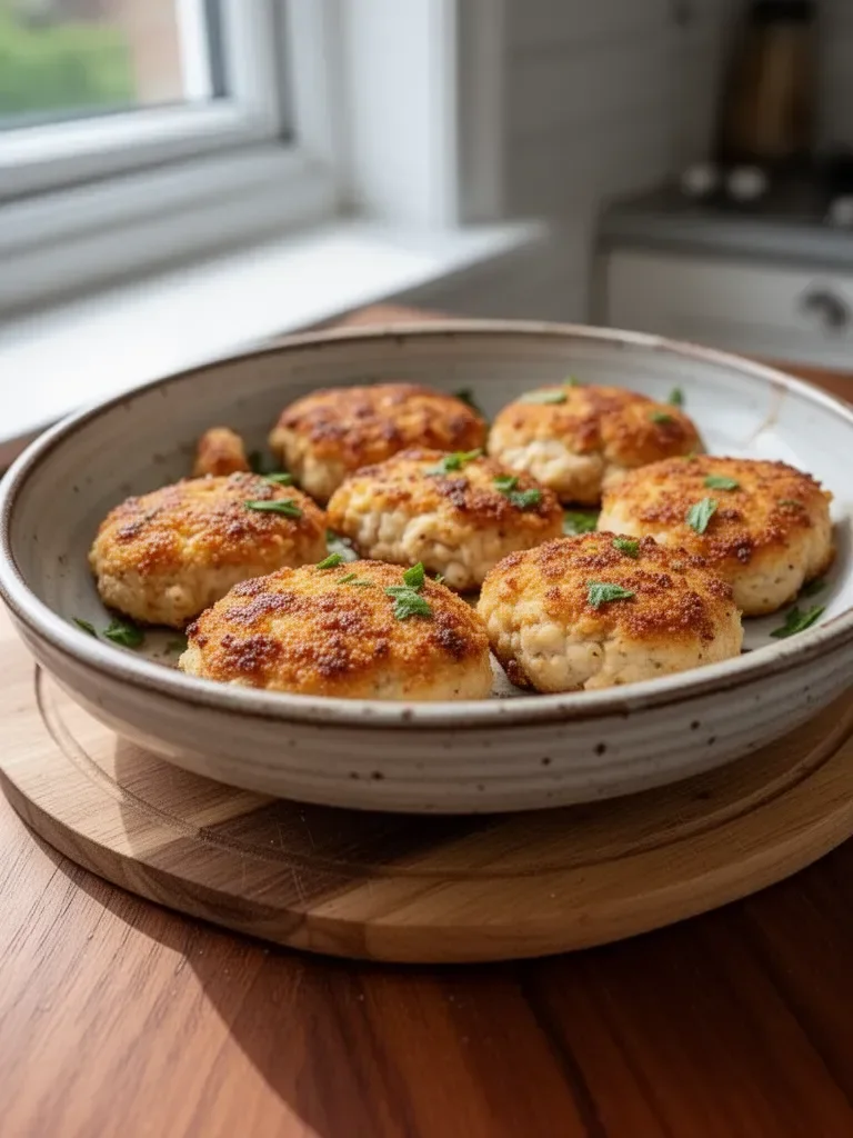 Golden baked chicken rissoles served on a plate with herbs