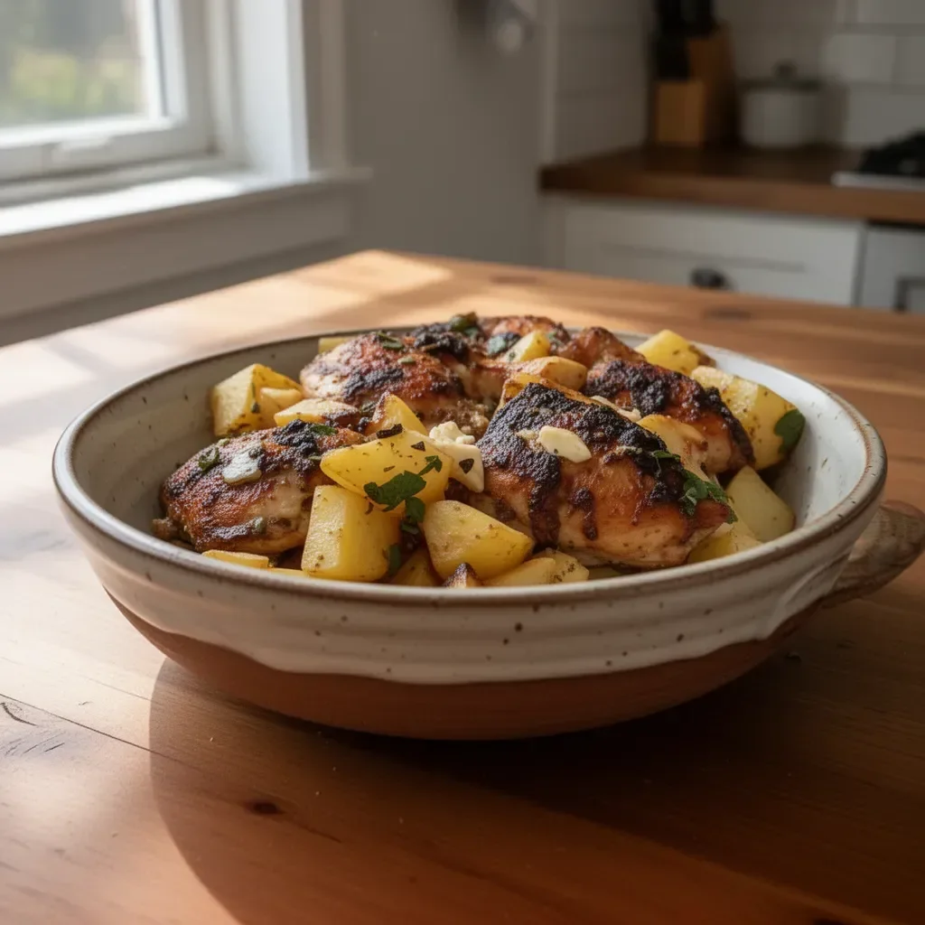 Plate of Greek Chicken and Potatoes garnished with herbs and lemon