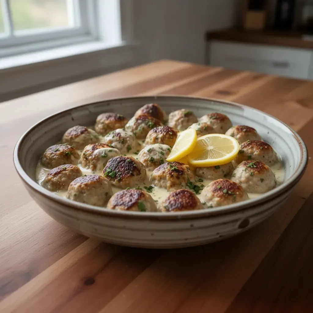 Delicious Greek chicken meatballs served in lemon cream sauce