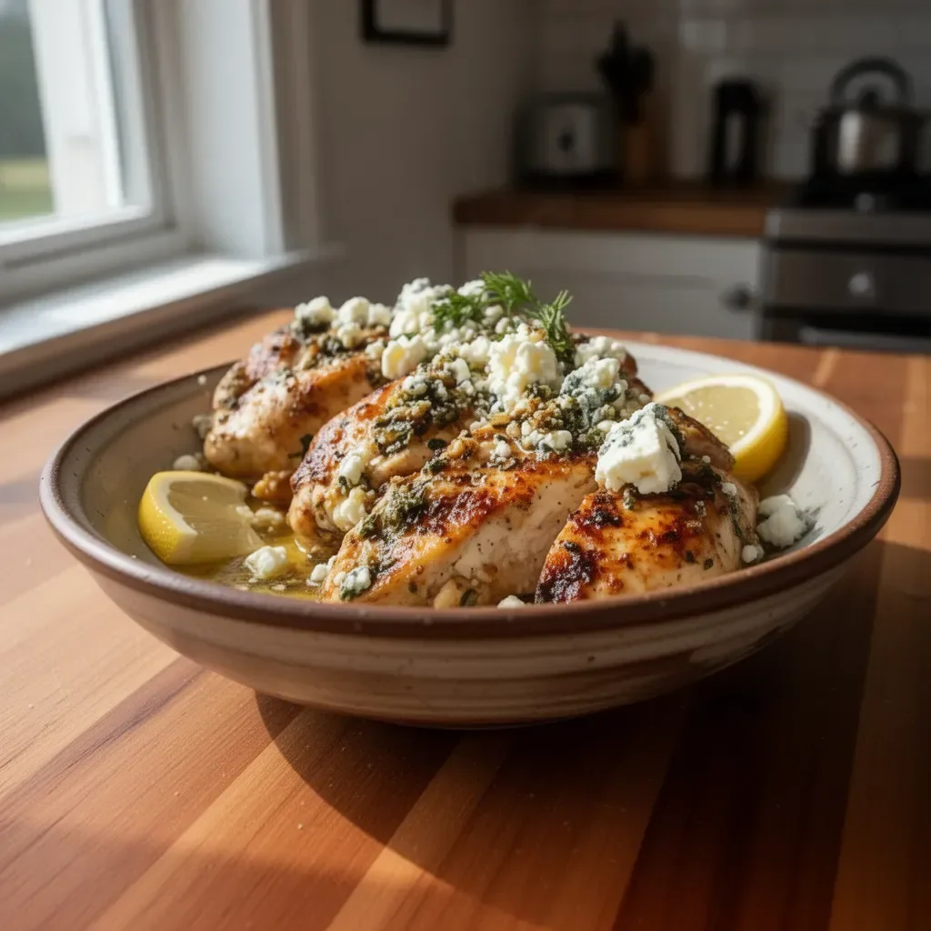 Plate of Greek chicken with lemon and feta cheese garnished with herbs