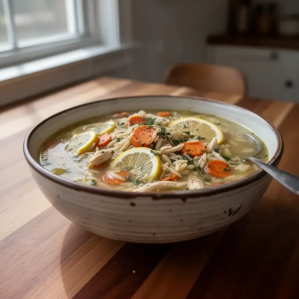 Bowl of Greek-Inspired Lemon Chicken Orzo Soup with lemon, herbs, and chicken.