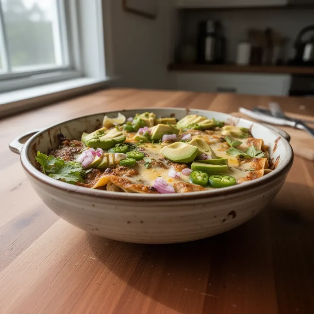 Baked Green Chicken Enchilada Casserole topped with cheese and fresh cilantro.