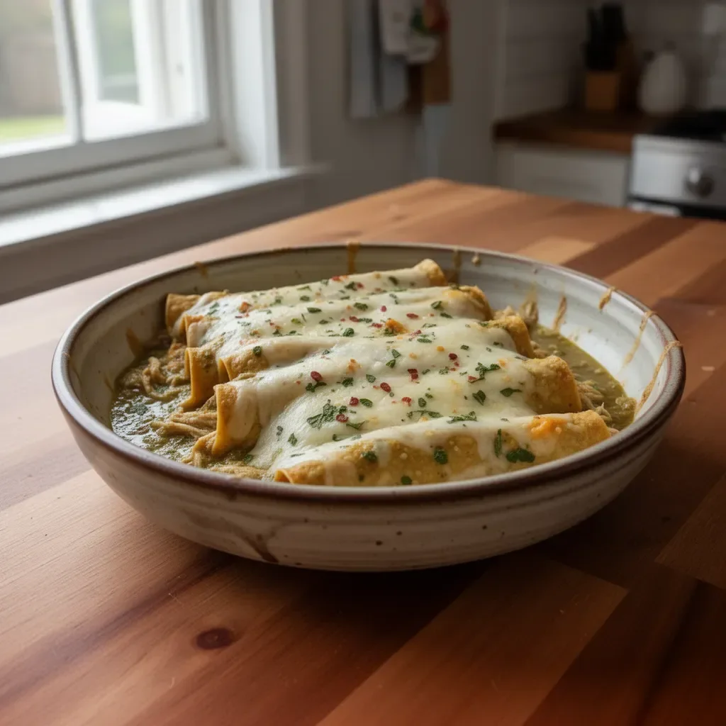 Delicious green chicken enchiladas topped with cheese and cilantro