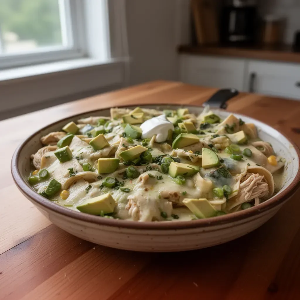 Green Sauce Chicken Enchilada Skillet topped with cheese and fresh herbs