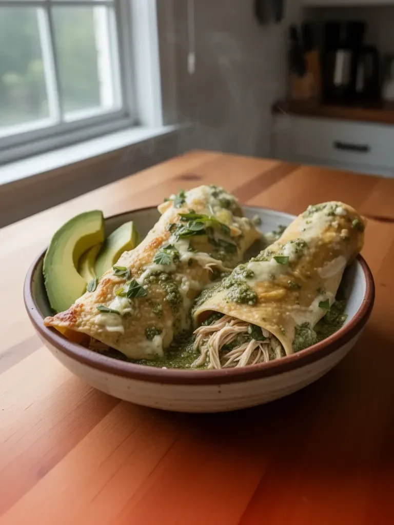 Green veggie salsa verde chicken enchiladas topped with cilantro and lime.