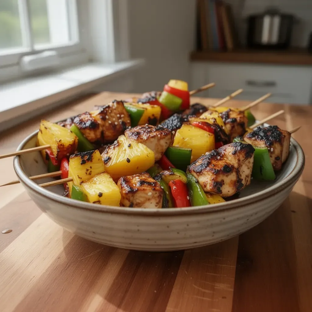 Delicious Grilled Pineapple Chicken Kabobs served on a platter
