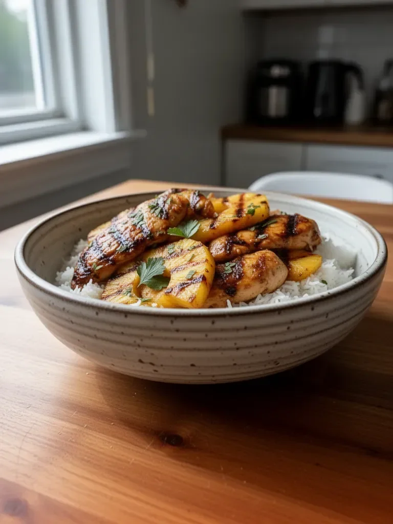 Hawaiian Chicken with pineapple and coconut rice served on a plate