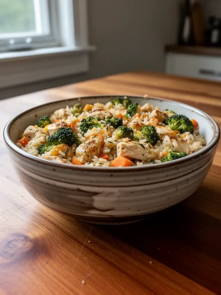 Healthy chicken and rice casserole served in a baking dish