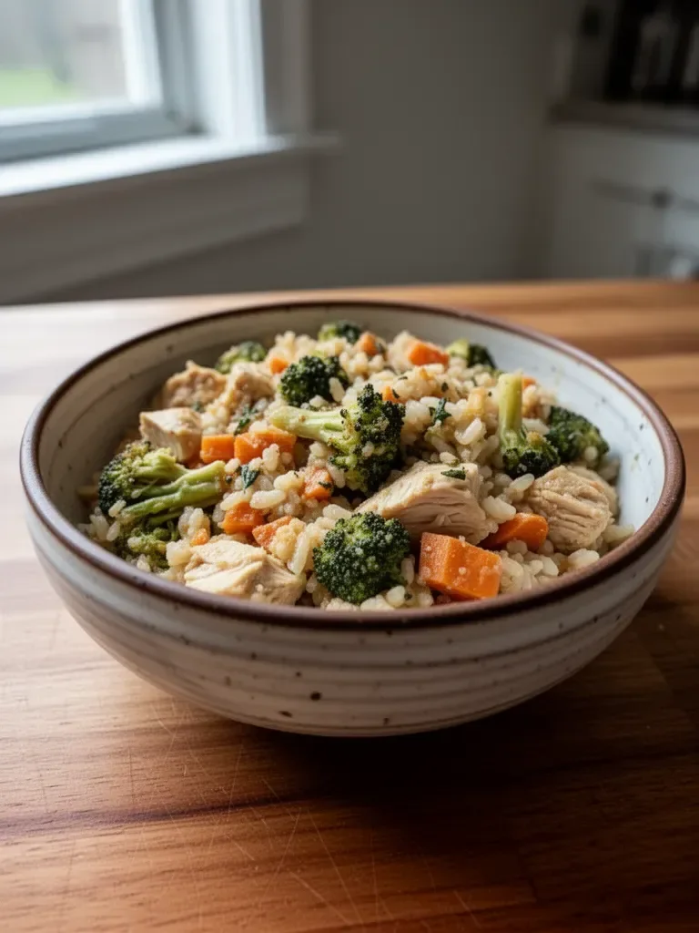 Healthy chicken and rice casserole topped with herbs and vegetables