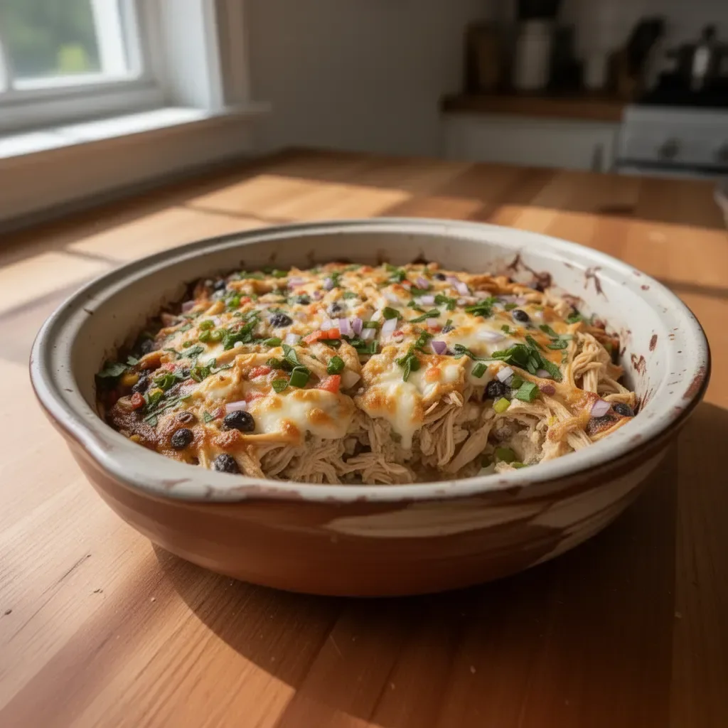 Healthy chicken burrito casserole topped with cheese and fresh ingredients